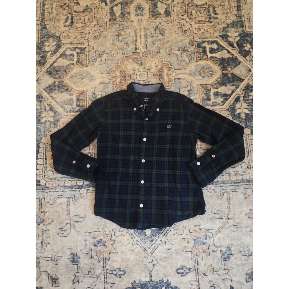 Crown & Ivy Size 5 Plaid‎ Green Navy Long Sleeve Button Down Shirt 100% Cotton